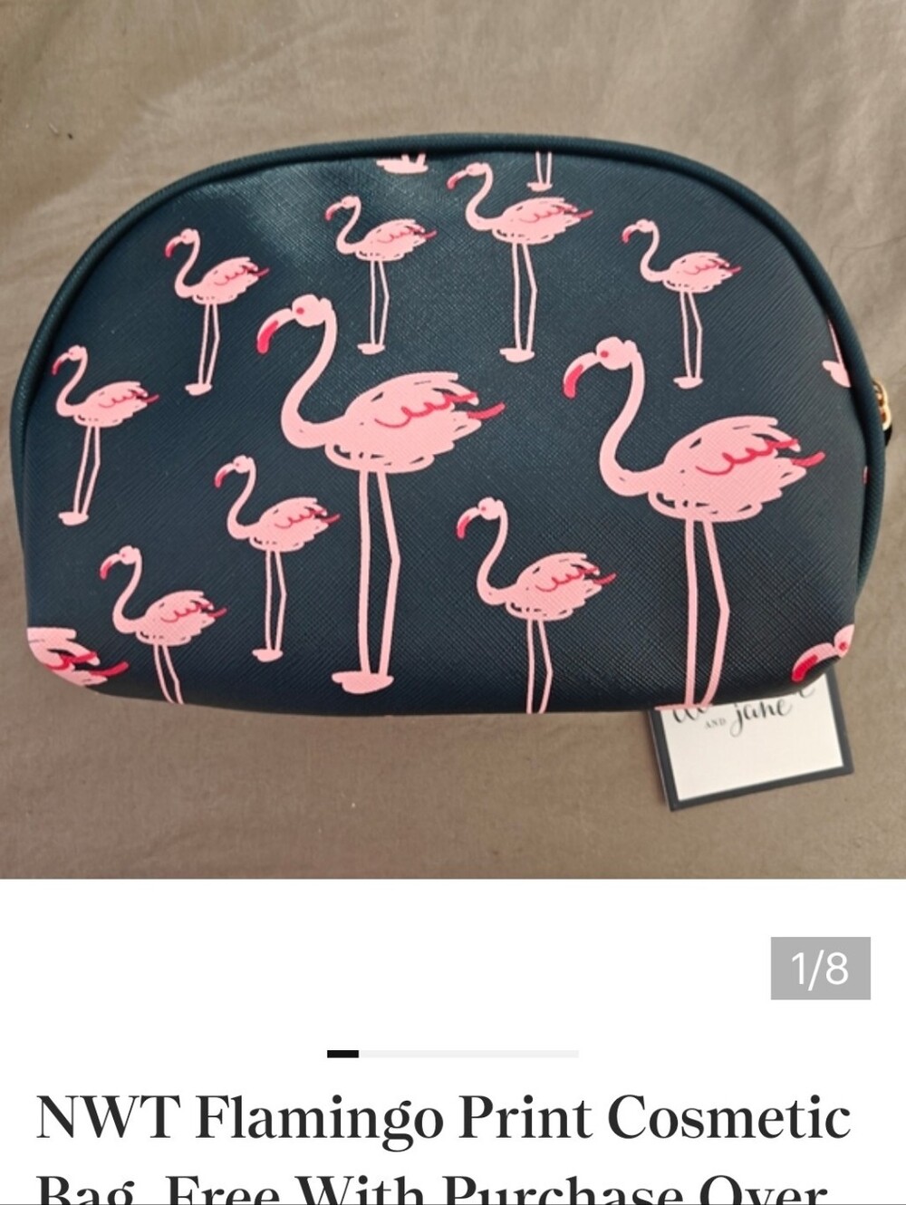 Flamingo Print Cosmetic Bag - Navy with Pink Flamingos & Guess Purse